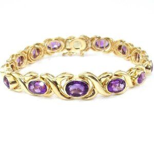 14K Yellow Gold Bracelet Purple Amethyst Heavy Graduated X Crossover 7.25"
